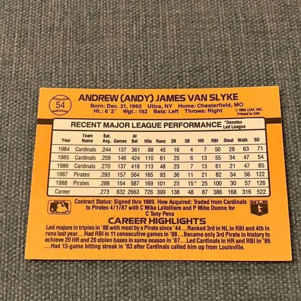 1989 Donruss Pittsburgh Pirates Baseball Card Trading Card